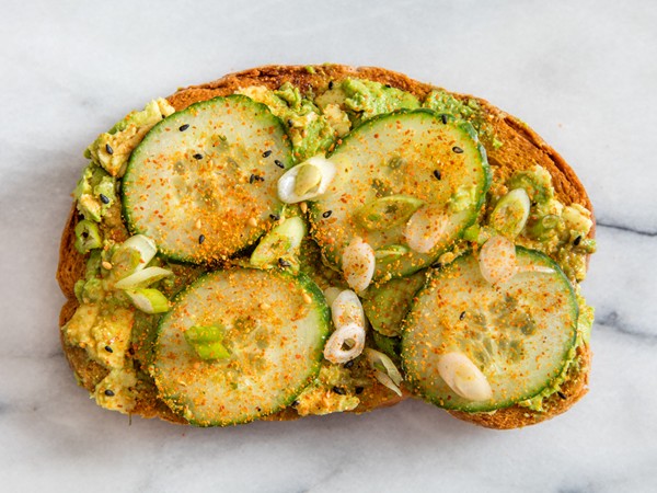 Avocado toast with cucumber, soy sauce, and shichimi togarashi
