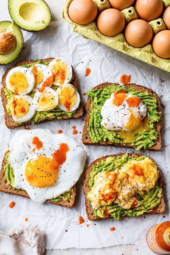 Avocado toast with egg (four ways)