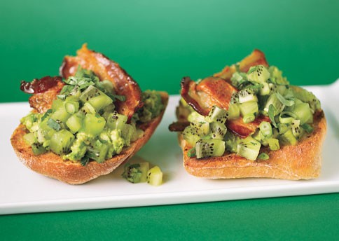 Avocado toasties with kiwi salsa and bacon