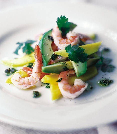 Avocados, prawns and mango with coriander dressing