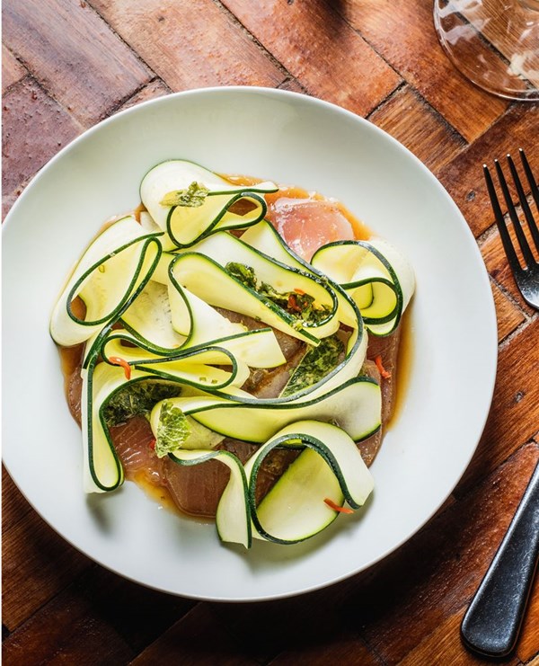 Awatoru tuna pastrami with zucchini & orange & mint dressing