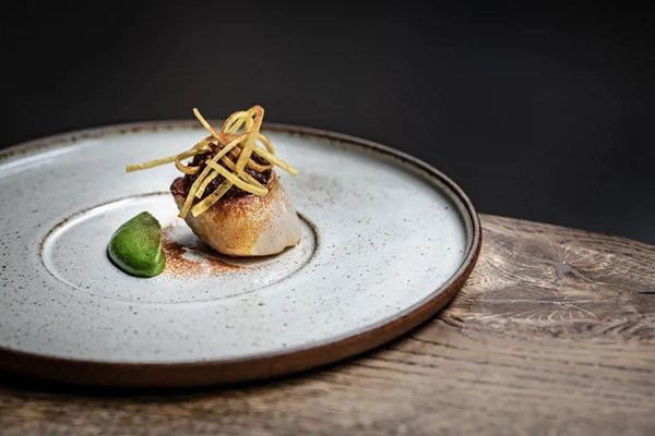 Ayamese with Orkney scallops, shito and green plantain chips