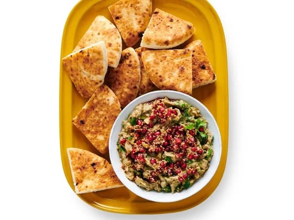 Baba ganoush with pomegranate seeds [Ayesha Nurdjaja]