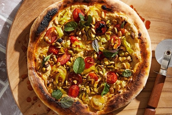 Baba ghanouj pizza with pepperoncini, mint and chile oil
