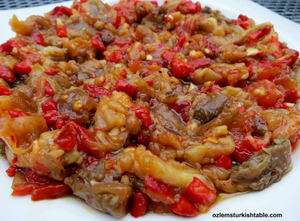 Baba ghanoush; burnt aubergines/eggplants, peppers & tomatoes with pomegranate molasses (Abagannus)