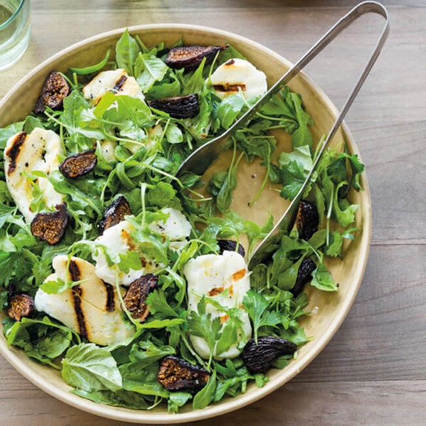 Baby arugula & herb salad with grilled figs & halloumi