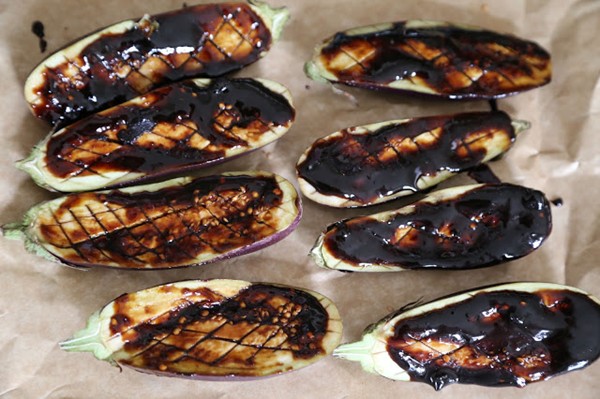 Baby aubergines, basted with miso sauce