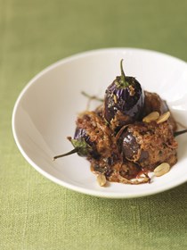 Baby aubergines with sesame and tamarind sauce (Baghare baingan)