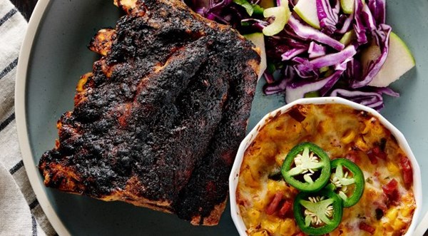Baby back ribs with cheesy corn and slaw [Khela Brewer]