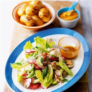 Baby barbecued spuds with fattoush salad