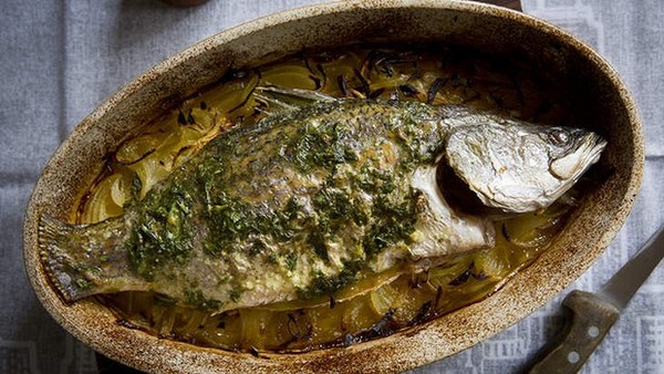 Baby barramundi with cider onions