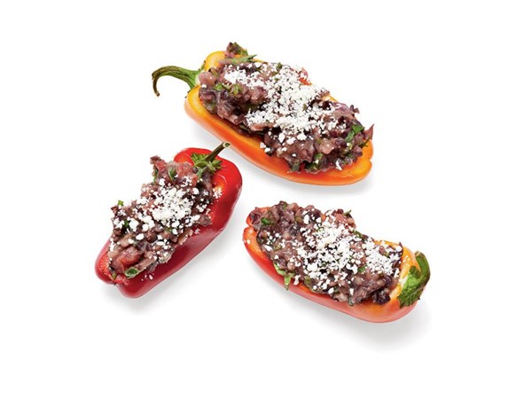 Baby bell peppers with black bean dip