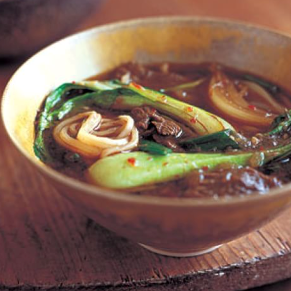 Baby bok choy & beef noodle soup
