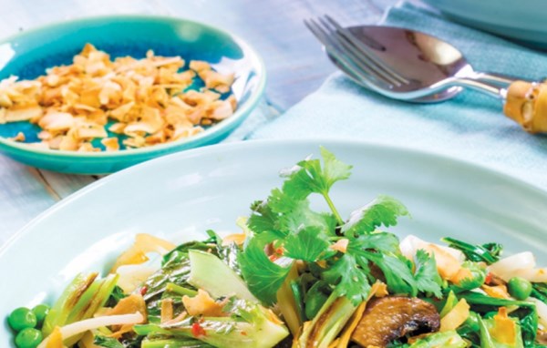 Baby bok choy and rice noodles in fragrant coconut sauce