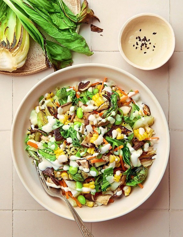 Baby bok choy, shiitake mushroom and edamame salad