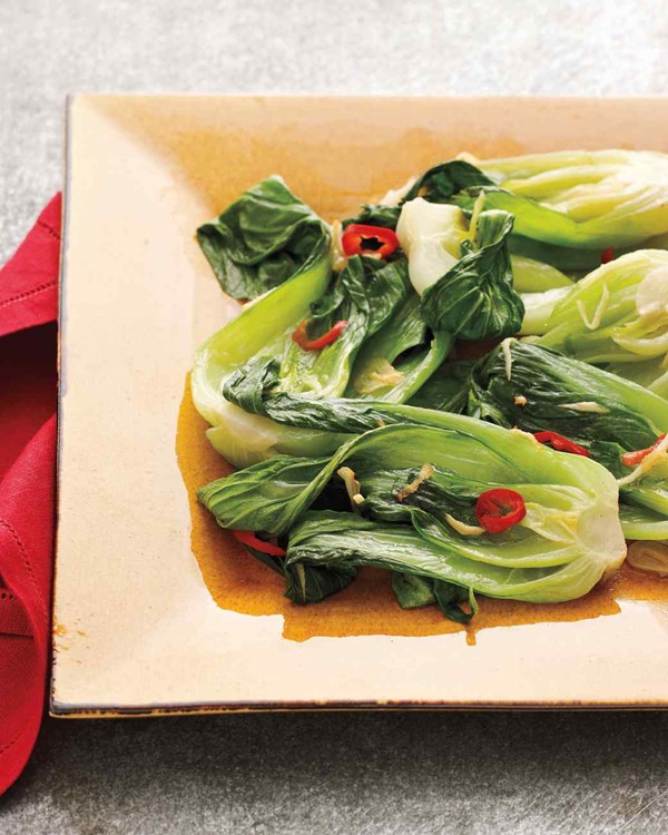 Baby bok choy with chile, garlic, and ginger