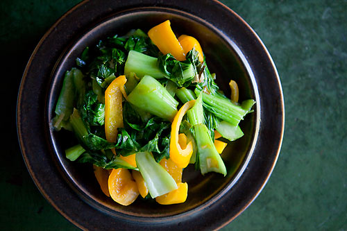 Baby bok choy with yellow bell peppers