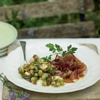 Baby broad beans with ham and sherry vinegar