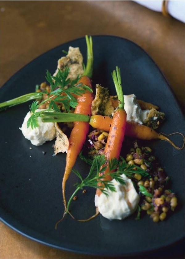 Baby carrots and mung beans with smoked labneh and crisp pitta