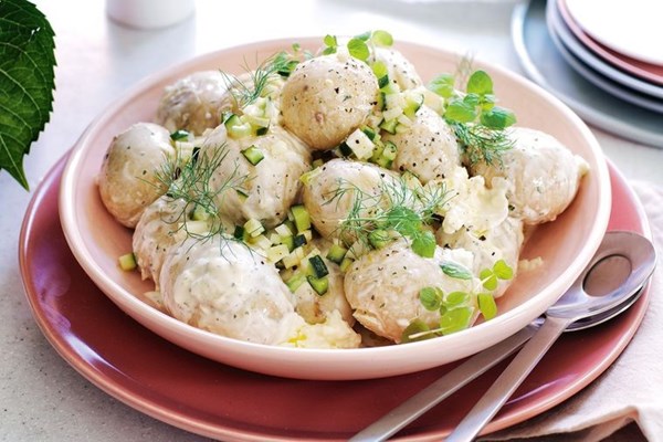 Baby chat potato salad with burrata dressing