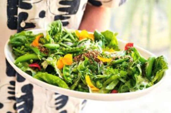 Baby cos leaf salad with peas and green goddess