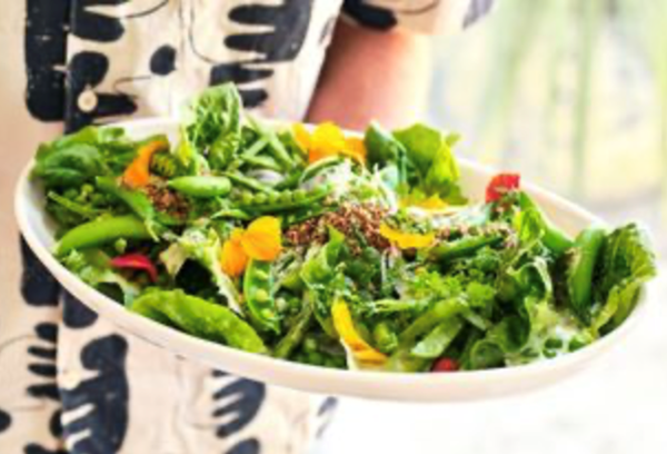 Baby cos leaf salad with peas and green goddess