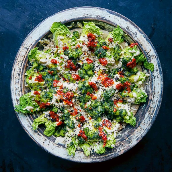 Baby gem lettuce with burnt aubergine yogurt, smacked cucumber & shatta