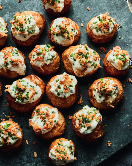 Baby jacket spuds with blue cheese & crispy onions