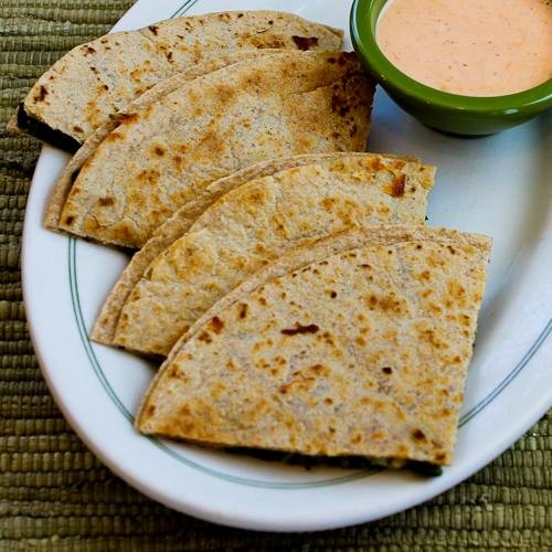 Baby kale and mozzarella quesadillas with Sriracha-ranch dipping sauce