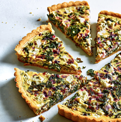 Baby kale, red onion & goat cheese tart