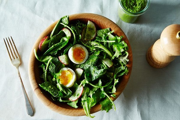Baby kale salad with pesto, radishes, and soft-boiled egg (3 p.m. salad)