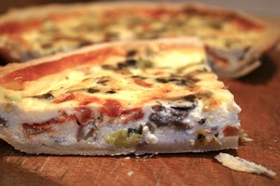 Baby leek, mushroom and tomato jam quiche