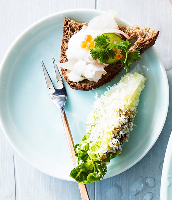 Baby lettuce hearts with pistachio dressing and Parmesan