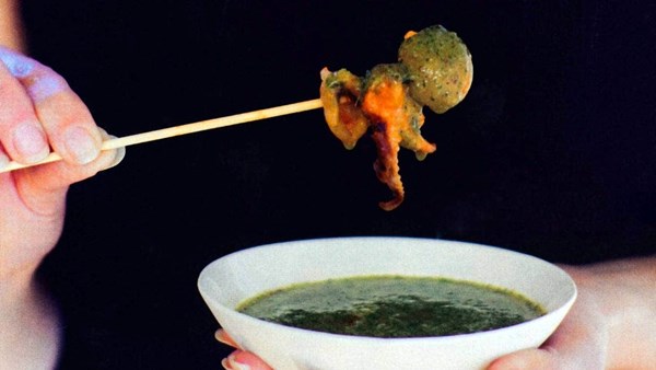 Baby octopus and green olive pinchos with mojito sauce