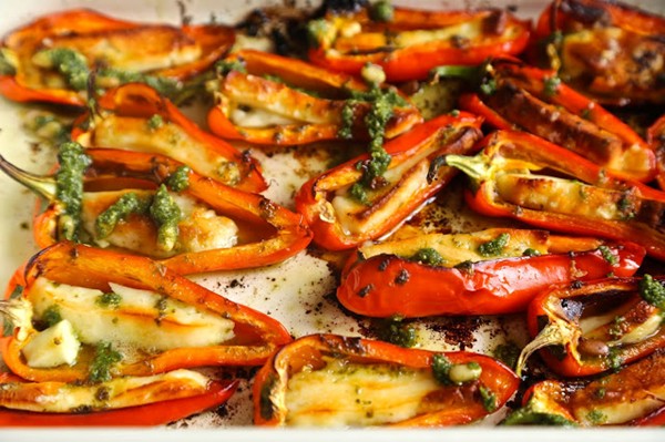 Baby peppers stuffed with halloumi and a pesto glaze
