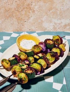 Baby potato, courgette & red onion skewers with herbed yoghurt dip