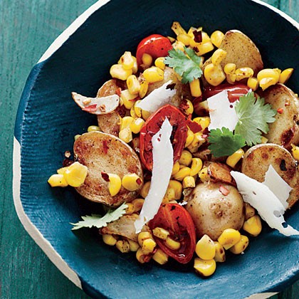 Baby potatoes with tomato-corn sauté