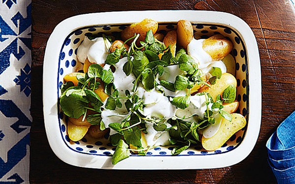 Baby potatoes with watercress and garlic crème fraîche 