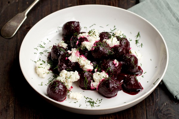 Baby red beets cooked in cranberry juice with ricotta, cumin & dill