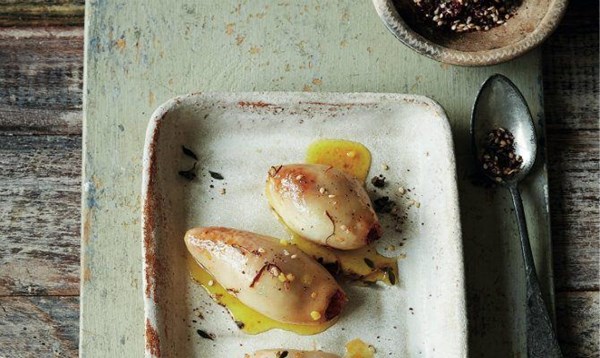 Baby saffron squid stuffed with bulgur and zahtar