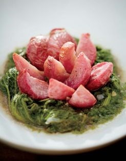 Baby scarlet turnips and their greens with garlic jus