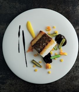 Baby snapper with sweetcorn, zucchini flower, black fungi and squid ink