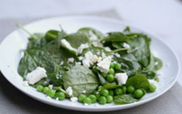 Baby spinach, fresh pea and feta cheese salad