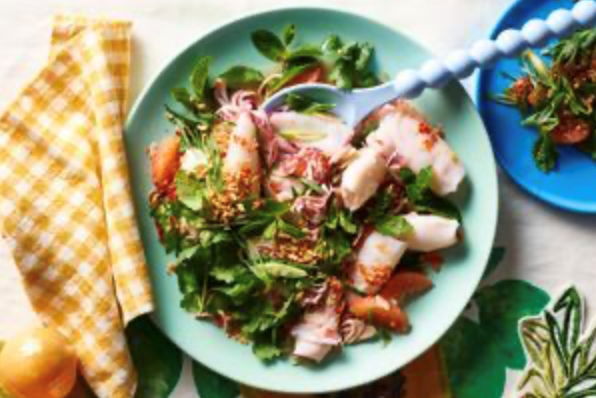 Baby squid and ruby grapefruit salad with red chilli dressing
