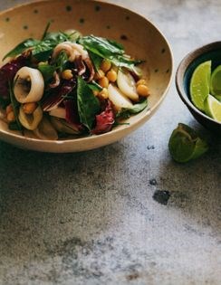 Baby squid salad with chick peas, fresh herbs & hot smoked paprika vinaigrette