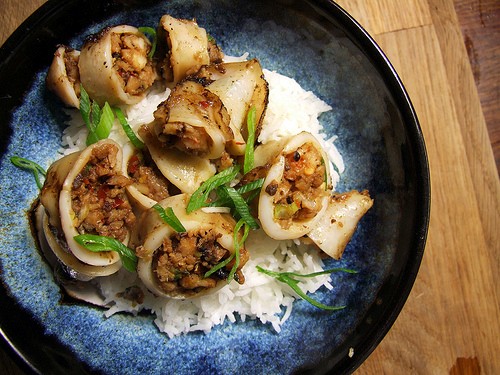Baby squid stuffed with prawns and black beans