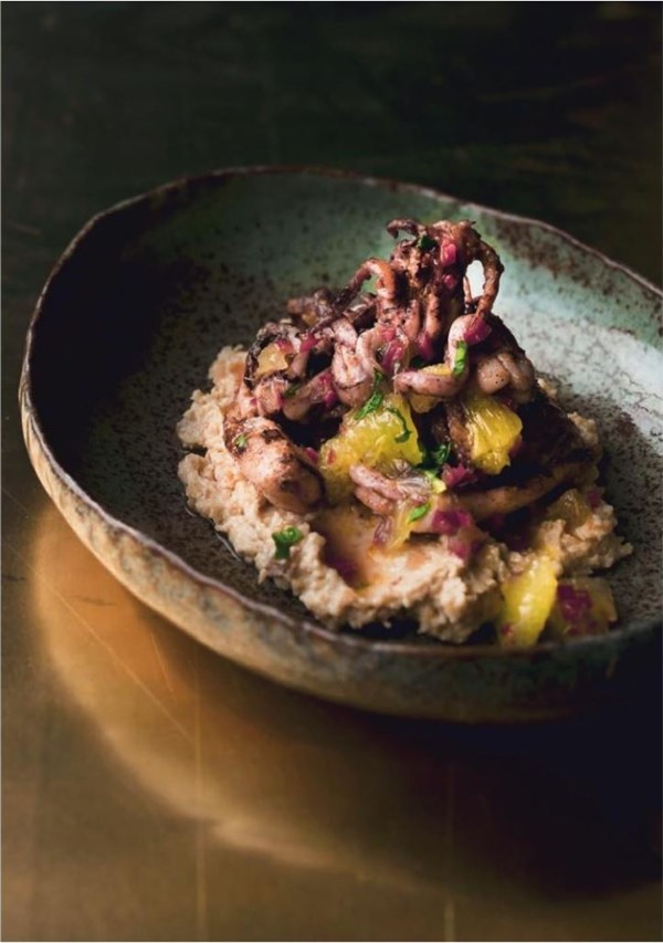 Baby squid with almond tarator and lime relish