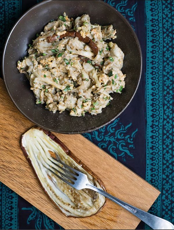 "Backcombed" aubergines/eggplant (Achechili badrijani)