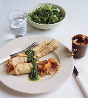 Bacon- and squash-filled crepes with salsa verde and baby greens salad