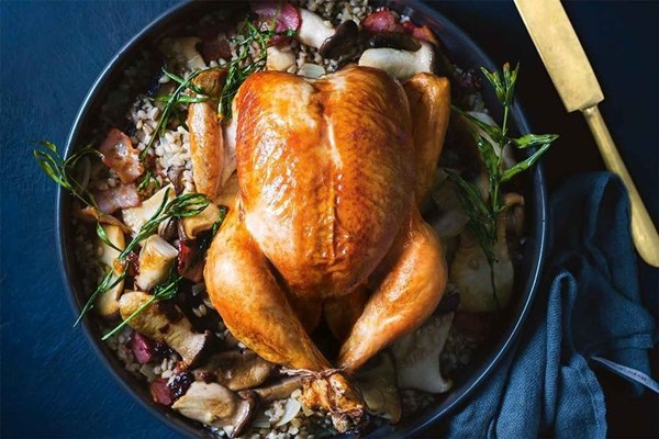 Bacon & tarragon chicken with barley & mushrooms